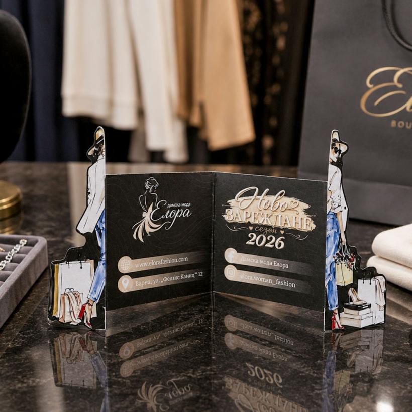 Pop-up визитка за магазин за дамска мода с модни илюстрации