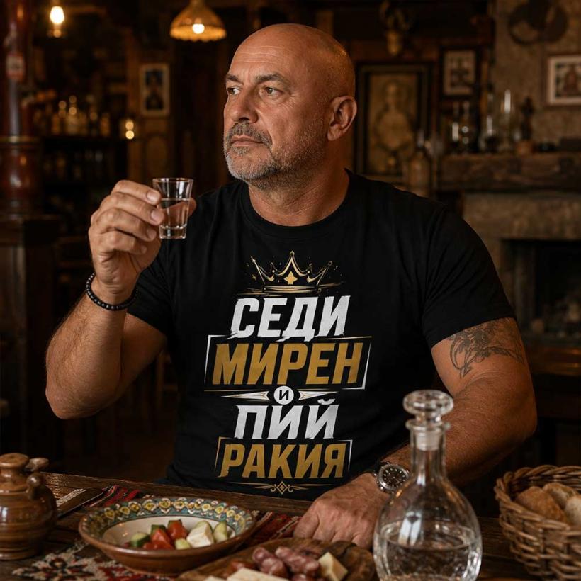 Тениска с щампа - Седи мирен и пий ракия